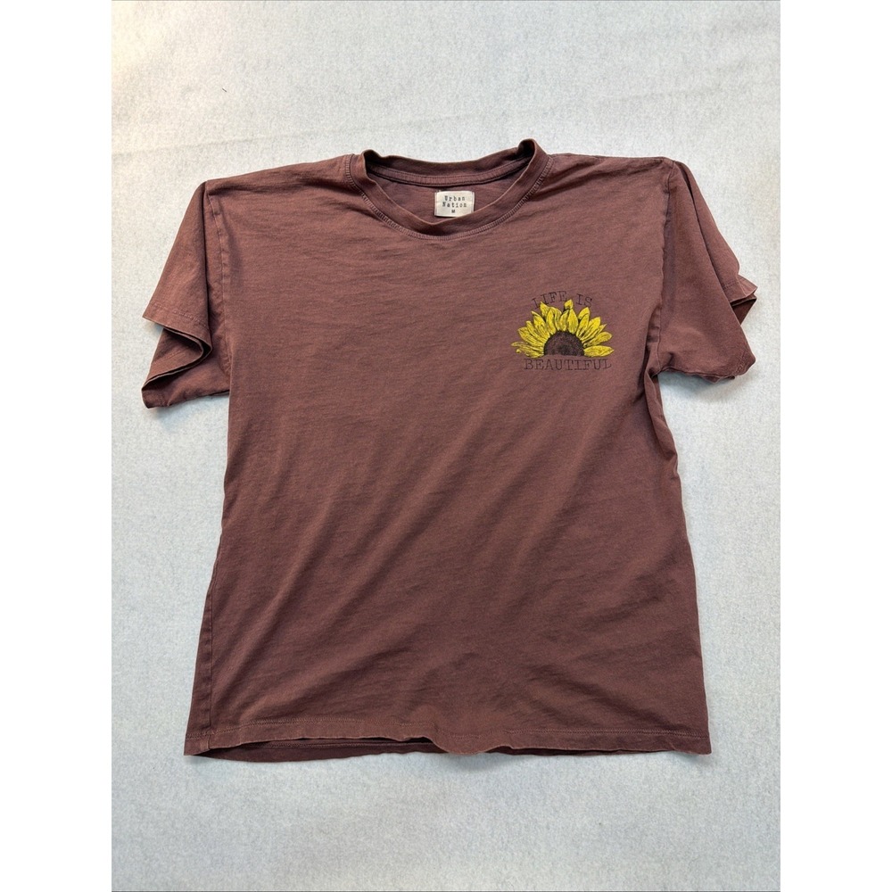 Urban Nation Top‎ Women Medium Burgundy Brown Short Sleeve Sunflower Graphic Tee